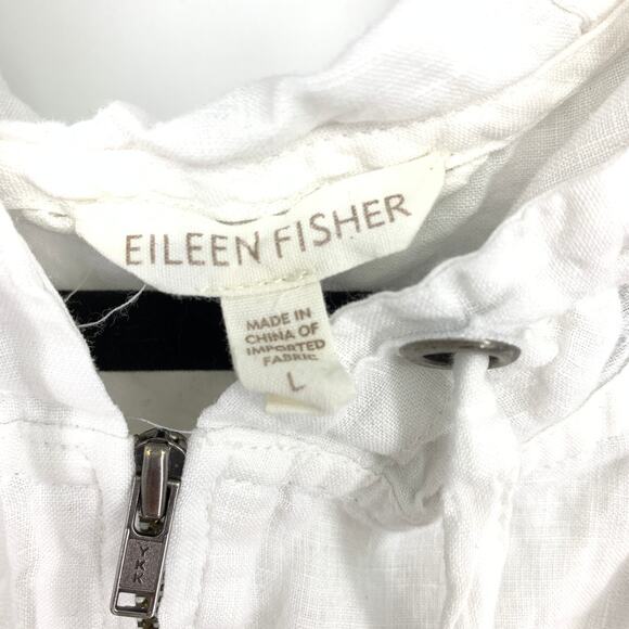 SOLD Eileen Fisher Zip Front Long Sleeve Hooded Linen Jacket Sz L White Cinch - Picture 6 of 7